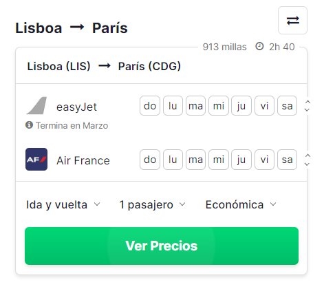 Rutas Directas de Lisboa a París