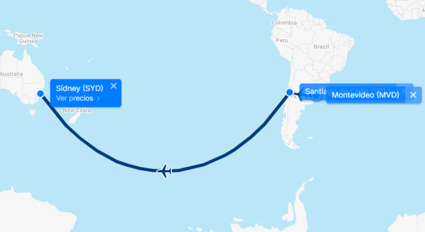 Ruta principal: Montevideo - Santiago - Sídney